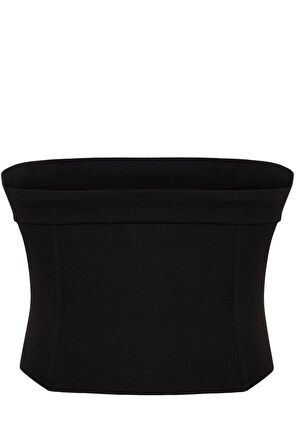 Kadın Moda Şık Büyük Beden Crop Kare Yaka Fitted Kalıp Örme Straplez Bluz