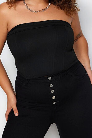 Kadın Moda Şık Büyük Beden Crop Kare Yaka Fitted Kalıp Örme Straplez Bluz