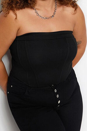 Kadın Moda Şık Büyük Beden Crop Kare Yaka Fitted Kalıp Örme Straplez Bluz