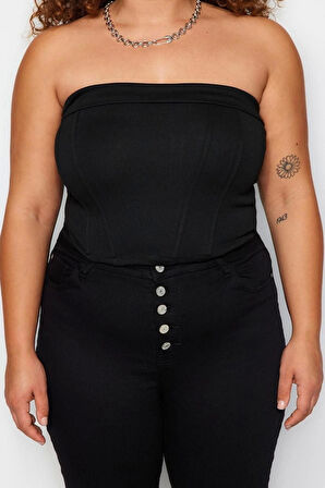 Kadın Moda Şık Büyük Beden Crop Kare Yaka Fitted Kalıp Örme Straplez Bluz