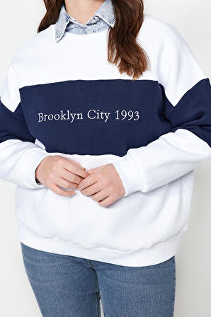 Kadın Büyük Beden Oversize Bisiklet Yaka Düşük Kol Kalın İçi Polarlı Nakış Detaylı Örme Sweatshirt