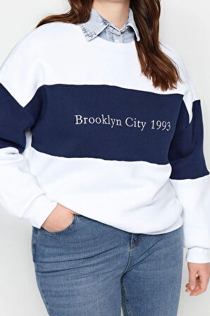 Kadın Büyük Beden Oversize Bisiklet Yaka Düşük Kol Kalın İçi Polarlı Nakış Detaylı Örme Sweatshirt