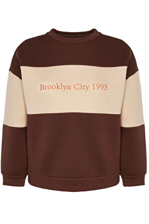 Kadın Büyük Beden Oversize Bisiklet Yaka Düşük Kol Kalın İçi Polarlı Nakış Detaylı Örme Sweatshirt