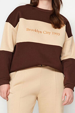 Kadın Büyük Beden Oversize Bisiklet Yaka Düşük Kol Kalın İçi Polarlı Nakış Detaylı Örme Sweatshirt