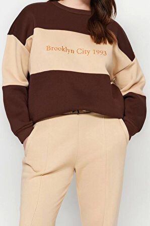 Kadın Büyük Beden Oversize Bisiklet Yaka Düşük Kol Kalın İçi Polarlı Nakış Detaylı Örme Sweatshirt