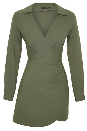 Kadın Moda Şık Mini Boy Kruvaze Regular Düz Dokuma Elbise