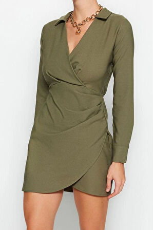 Kadın Moda Şık Mini Boy Kruvaze Regular Düz Dokuma Elbise