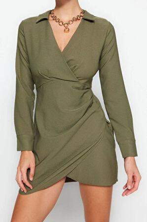 Kadın Moda Şık Mini Boy Kruvaze Regular Düz Dokuma Elbise