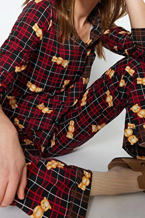 Kadın %100 Pamuk Bisiklet Yaka Uzun Kol Çok Renkli Ayıcık Desenli Ekoseli Örme Pijama Takımı