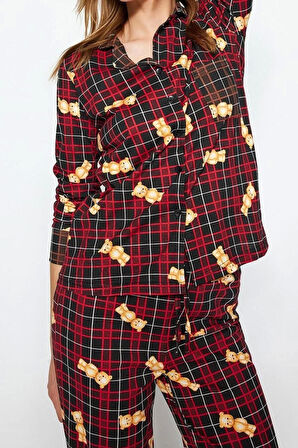 Kadın %100 Pamuk Bisiklet Yaka Uzun Kol Çok Renkli Ayıcık Desenli Ekoseli Örme Pijama Takımı