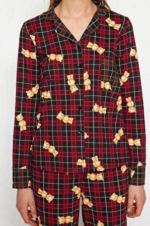 Kadın %100 Pamuk Bisiklet Yaka Uzun Kol Çok Renkli Ayıcık Desenli Ekoseli Örme Pijama Takımı