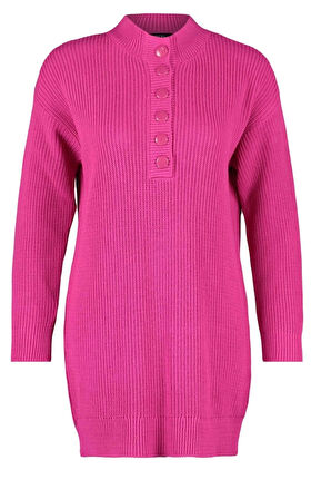 Kadın Tesettür Moda Şık Regular Düğmeli Yaka Uzun Kol Düz Düğme Detaylı Rahat Kalıp Triko Kazak