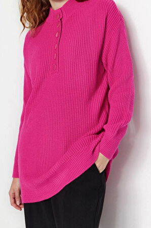 Kadın Tesettür Moda Şık Regular Düğmeli Yaka Uzun Kol Düz Düğme Detaylı Rahat Kalıp Triko Kazak