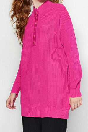 Kadın Tesettür Moda Şık Regular Düğmeli Yaka Uzun Kol Düz Düğme Detaylı Rahat Kalıp Triko Kazak