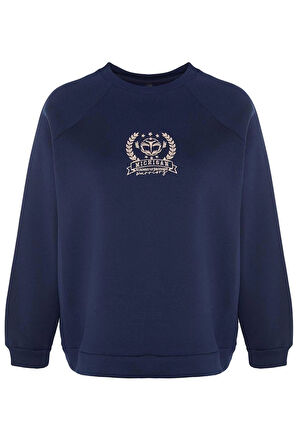 Kadın Büyük Beden Oversize Bisiklet Yaka Reglan Kol Kalın İçi Polarlı Nakış Detaylı Örme Sweatshirt