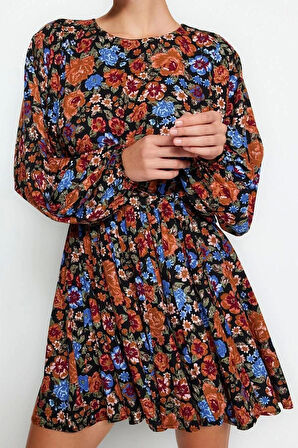 Kadın Moda Şık Mini Boy Bisiklet Yaka Regular Kuşaklı Çiçekli Dokuma Elbise