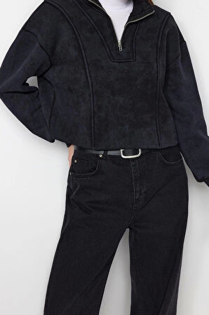 Kadın Crop Fermuarlı Yaka Düşük Kol Crop Eskitme Kalın İçi Polarlı Rahat Kesim Crop Örme Sweatshirt