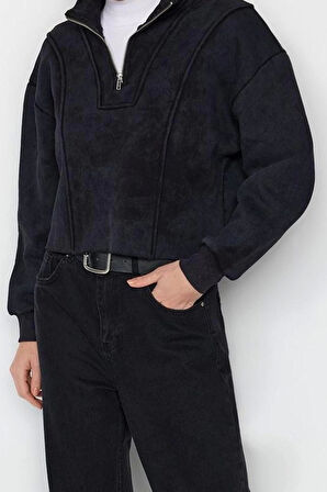 Kadın Crop Fermuarlı Yaka Düşük Kol Crop Eskitme Kalın İçi Polarlı Rahat Kesim Crop Örme Sweatshirt