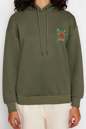 Kadın Kapüşonlu Düşük Kol Uzun Kalın İçi Polarlı Ön ve Arka Baskılı Geniş Kalıp Örme Sweatshirt
