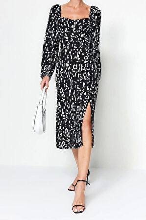 Yeni Regular Casual Günlük Shally Dokuma Kalp Yaka Uzun Kol A-Line Midi Boy Elbise