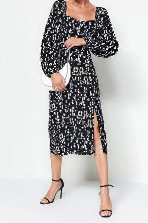 Yeni Regular Casual Günlük Shally Dokuma Kalp Yaka Uzun Kol A-Line Midi Boy Elbise