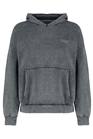 Kadın Moda Bol Kapüşonlu Düşük Kol Uzun Kalın İçi Polarlı Yıkama Efektli Geniş Kalıp Örme Sweatshirt