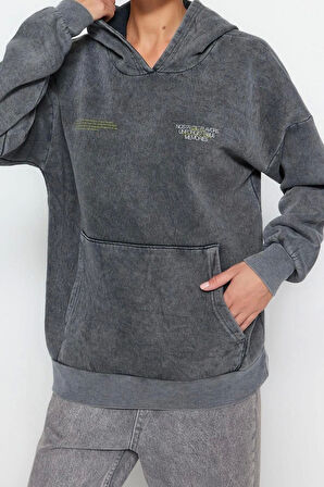 Kadın Moda Bol Kapüşonlu Düşük Kol Uzun Kalın İçi Polarlı Yıkama Efektli Geniş Kalıp Örme Sweatshirt