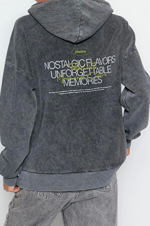 Kadın Moda Bol Kapüşonlu Düşük Kol Uzun Kalın İçi Polarlı Yıkama Efektli Geniş Kalıp Örme Sweatshirt