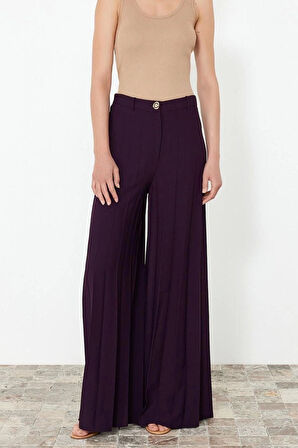 Kadın Yeni Moda Geniş Paça Uzun Boy Dokuma Palazzo Extra Geniş Paça Pileli Pantolon