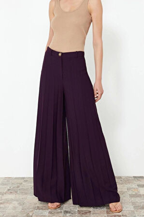 Kadın Yeni Moda Geniş Paça Uzun Boy Dokuma Palazzo Extra Geniş Paça Pileli Pantolon