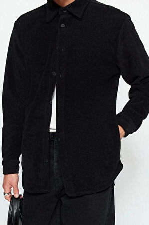 Moda Gömlek Yaka Düz Uzun Kol Unisex Regular Fit Yan Cepli Polar Kalın Kışlık Rahat Gömlek Ceket