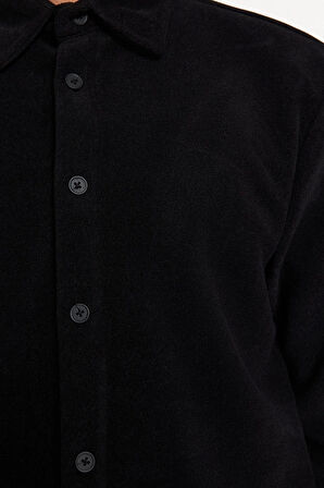 Moda Gömlek Yaka Düz Uzun Kol Unisex Regular Fit Yan Cepli Polar Kalın Kışlık Rahat Gömlek Ceket