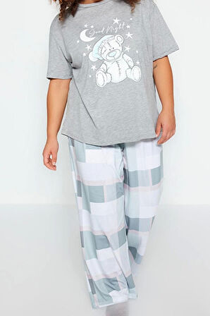 Büyük Beden Kadın Polyester Bisiklet Yaka Kısa Kol Baskılı Kareli Örme Pijama Takımı