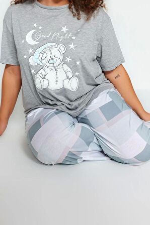 Büyük Beden Kadın Polyester Bisiklet Yaka Kısa Kol Baskılı Kareli Örme Pijama Takımı