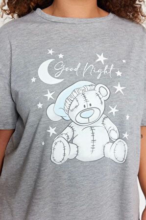 Büyük Beden Kadın Polyester Bisiklet Yaka Kısa Kol Baskılı Kareli Örme Pijama Takımı