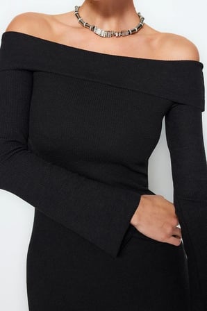 Yeni Slim Gündüz Gece Kaşkorse Örme Carmen Yaka Uzun Kol Bodycone Maxi Boy Elbise
