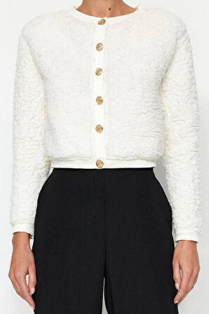 Kadın Moda Şık Crop Düğmeli Yaka Uzun Kol Düz Gold Düğmeli Peluş Crop Örme Hırka