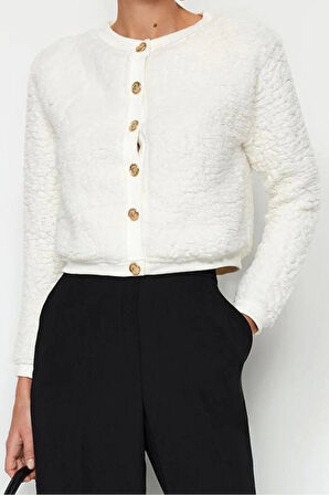 Kadın Moda Şık Crop Düğmeli Yaka Uzun Kol Düz Gold Düğmeli Peluş Crop Örme Hırka