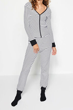 Kadın Moda V Yaka Lastikli Paça Uzun Kol Çizgili Manşet ve Biyeli Tshirt-Jogger Örme Pijama Takımı