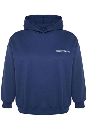Kadın Büyük Beden Oversize Kapüşonlu Düşük Kol Kalın İçi Polarlı Baskı Detaylı Örme Sweatshirt