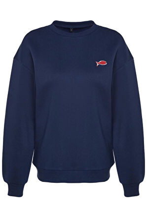 Kadın Moda Şık Oversize Bisiklet Yaka Düşük Kol Regular Baskılı Örme Sweatshirt