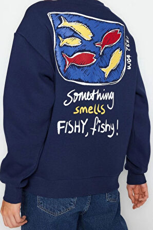 Kadın Moda Şık Oversize Bisiklet Yaka Düşük Kol Regular Baskılı Örme Sweatshirt