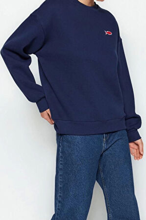 Kadın Moda Şık Oversize Bisiklet Yaka Düşük Kol Regular Baskılı Örme Sweatshirt