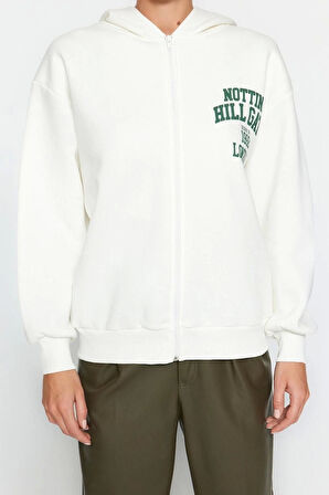 Kadın Moda Şık Bol Kapüşonlu Düşük Kol Uzun Sırt Baskılı Fermuarlı Kalın İçi Polarlı Örme Sweatshirt