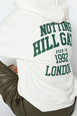 Kadın Moda Şık Bol Kapüşonlu Düşük Kol Uzun Sırt Baskılı Fermuarlı Kalın İçi Polarlı Örme Sweatshirt