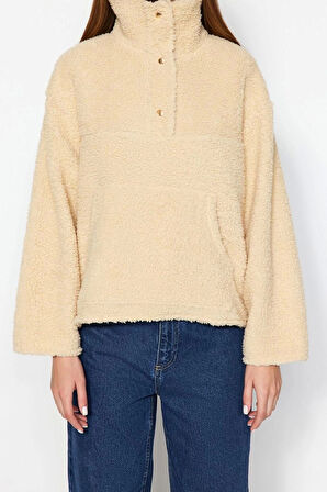 Kadın Moda Şık Bol Dik Yaka Düşük Kol Uzun Peluş Çıtçıt Detaylı Kanguru Cepli Örme Sweatshirt