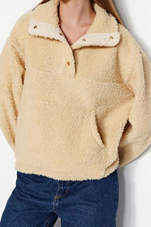 Kadın Moda Şık Bol Dik Yaka Düşük Kol Uzun Peluş Çıtçıt Detaylı Kanguru Cepli Örme Sweatshirt