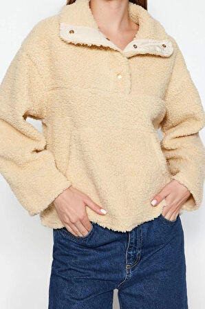 Kadın Moda Şık Bol Dik Yaka Düşük Kol Uzun Peluş Çıtçıt Detaylı Kanguru Cepli Örme Sweatshirt
