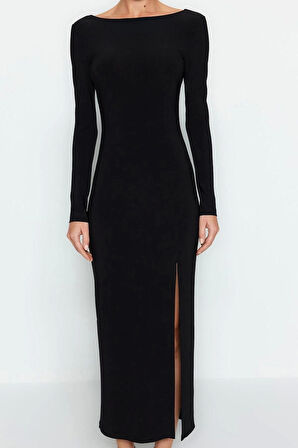 Kadın Moda Şık Maxi Boy Kayık Yaka Slim Düz Bodycone Sırt Baskılı Örme Elbise Vücuda Oturan Esnek