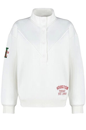 Kadın Regular Dik Yaka Standart Kol Regular Kalın İçi Polarlı Nakış ve Düğme Detaylı Örme Sweatshirt